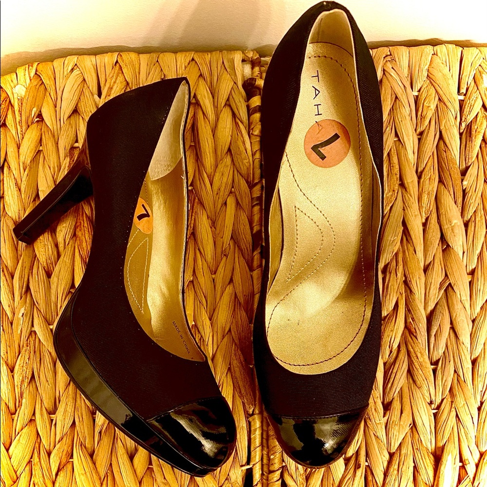 New Tahari Platform Pumps. Black. Patent leather detail on toe. Size 7.